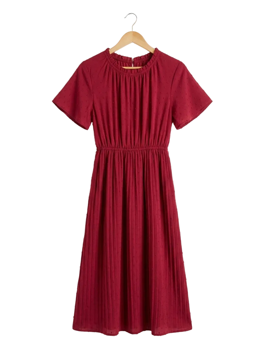 | S| BUST 15 | B 11| ELEGANT CRIMSON SWISS DOT PLEATED MIDI DRESS