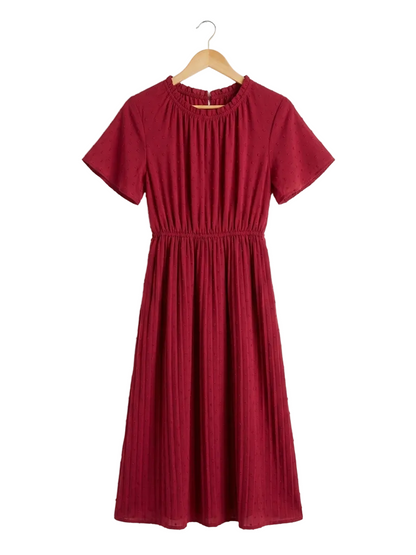 | S| BUST 15 | B 11| ELEGANT CRIMSON SWISS DOT PLEATED MIDI DRESS