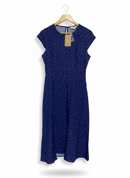 RIHOAS|M|BUST 18| NAVY ROUND NECK POLKA DOT CUTOUT MIDI DRESS