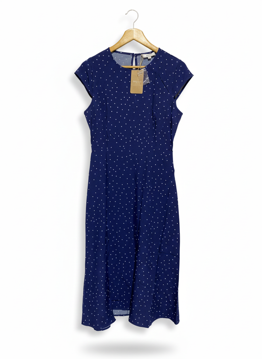 RIHOAS|M|BUST 18| NAVY ROUND NECK POLKA DOT CUTOUT MIDI DRESS