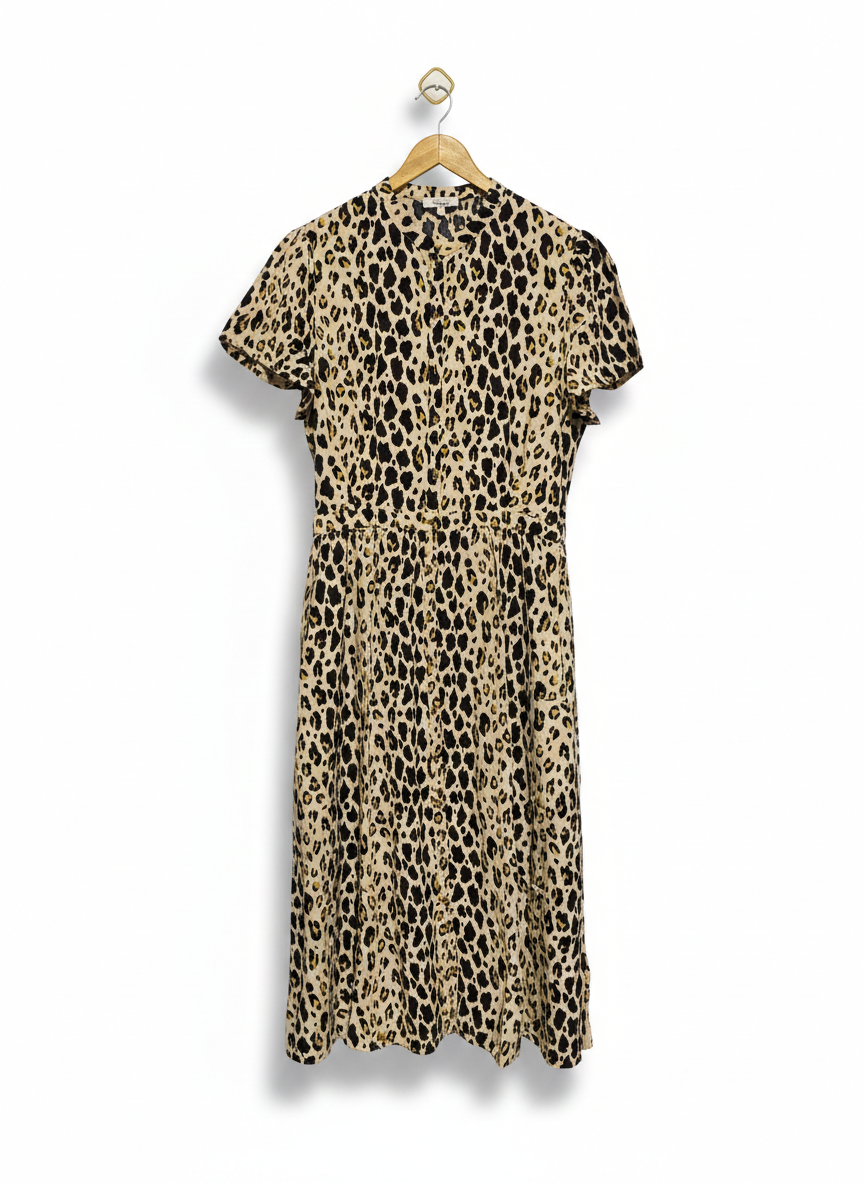 SOMERSET |L| BUST 20| C5| WOMEN'S CLASSIC LEOPARD PRINT SHORT SLEEVE MIDI DRESS WITH BUTTON FRONT