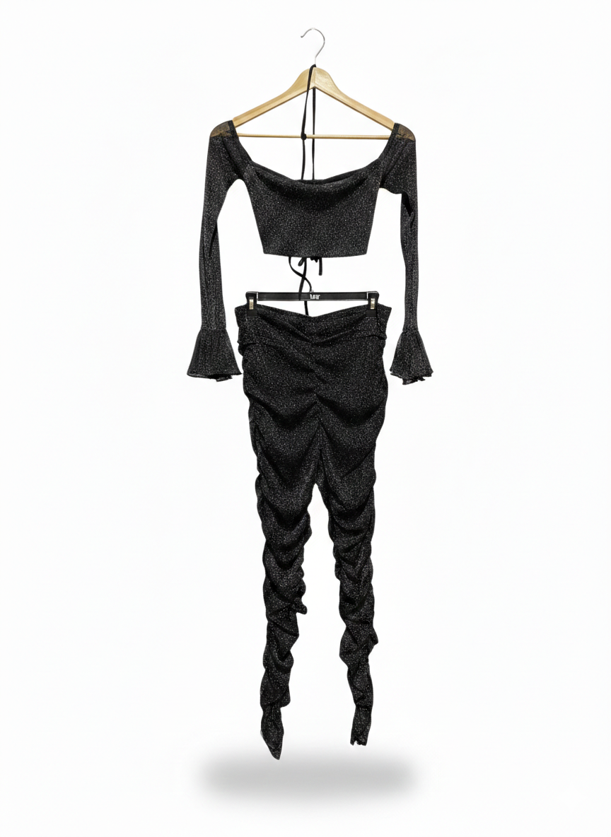 SHEIN |L| BLACK GLITTER RUCHED TWO-PIECE SET