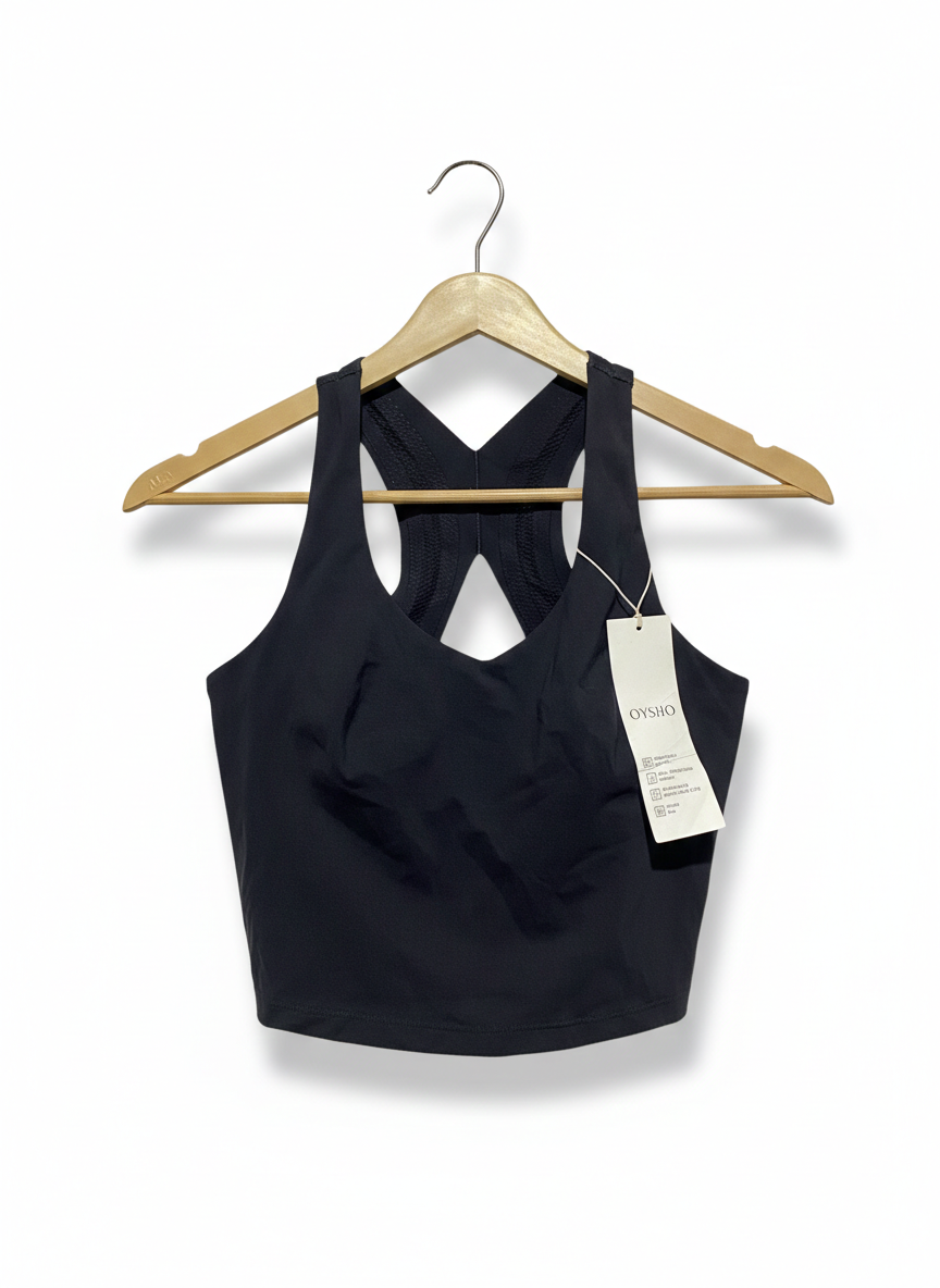OYSHO |S| BUST 14| BLACK V-NECK ATHLETIC CROP TOP - TEXTURED CROSS-BACK DESIGN