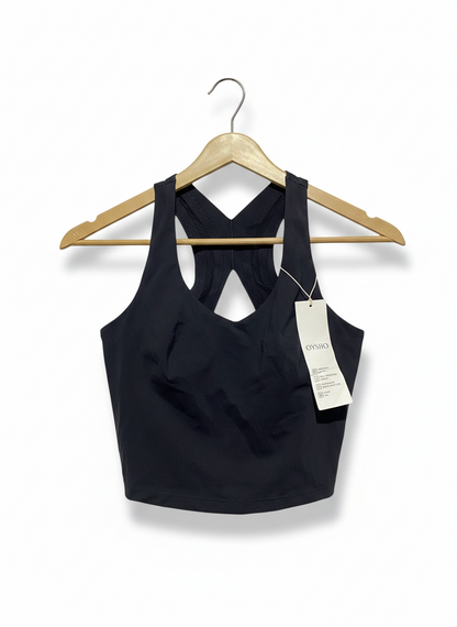 OYSHO |S| BUST 14| BLACK V-NECK ATHLETIC CROP TOP - TEXTURED CROSS-BACK DESIGN