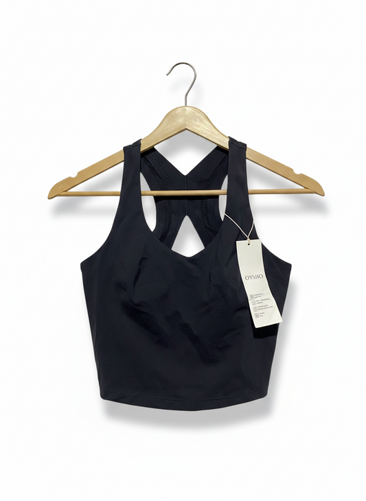 OYSHO |S| BUST 14| BLACK V-NECK ATHLETIC CROP TOP - TEXTURED CROSS-BACK DESIGN
