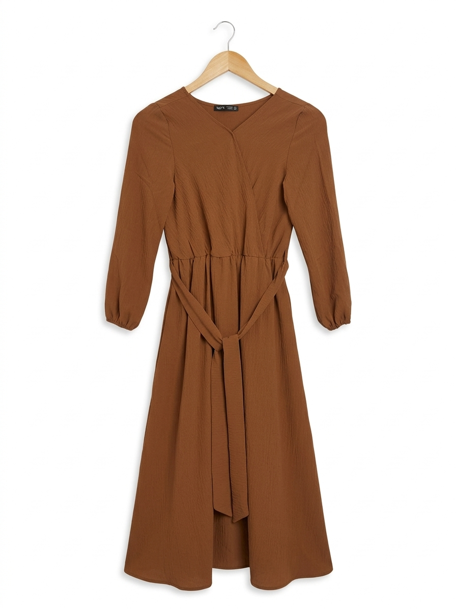 SHEIN |S| BUST 16| B9| ELEGANT RUST BROWN LONG SLEEVE WRAP MIDI DRESS