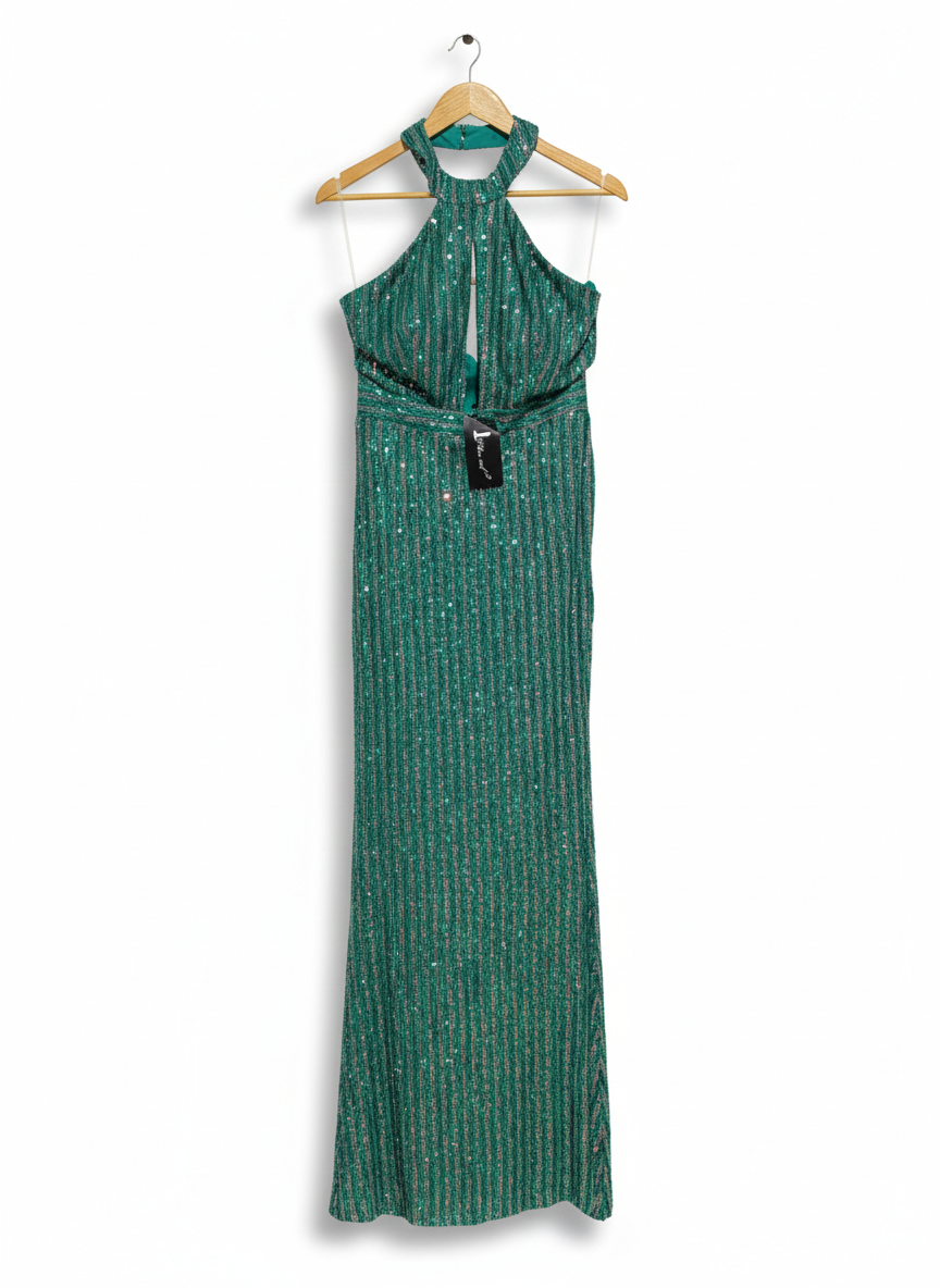 MISS ORD |XL| BUST 16| EMERALD SEQUIN HALTER MAXI DRESS