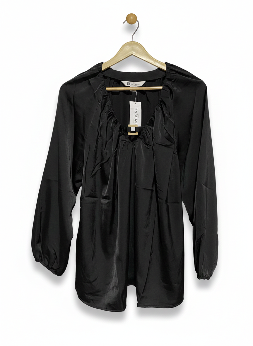 ROCKMANS |XL| BUST 22| LUXE BLACK SATIN PEASANT BLOUSE