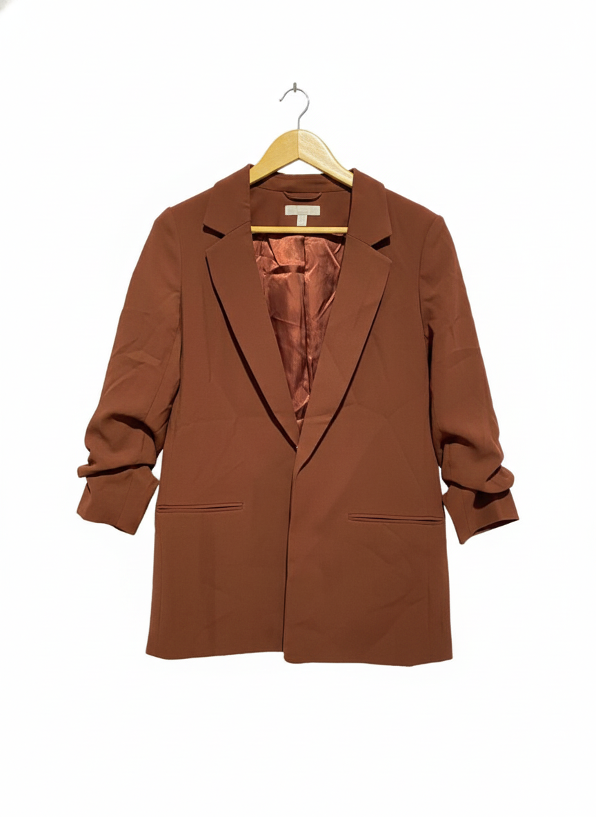 H&M| M |BUST 18| BROWN RUCHED-SLEEVE OPEN-FRONT WOMEN'S BLAZER