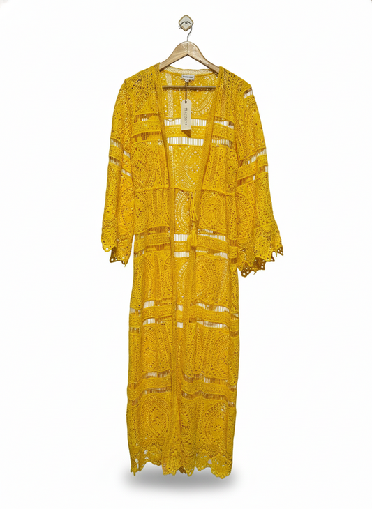 PIA ROSSINI |L| BUST 20|  Akharnai Yellow Crocheted Lace Kimono