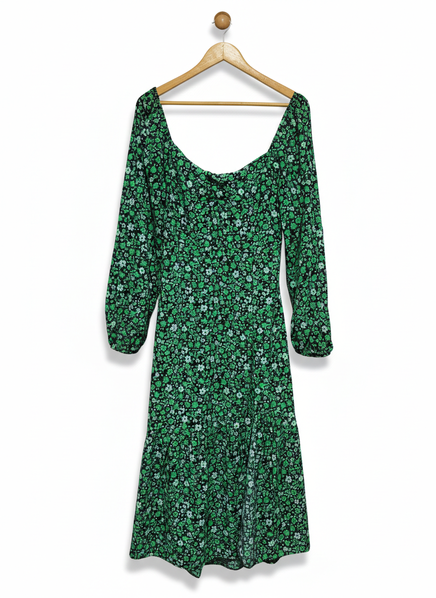 NEW LOOK |L| BUST 17|C3| WOMEN’S LONG SLEEVE MIDI DRESS - VIBRANT GREEN DITSY FLORAL PRINT