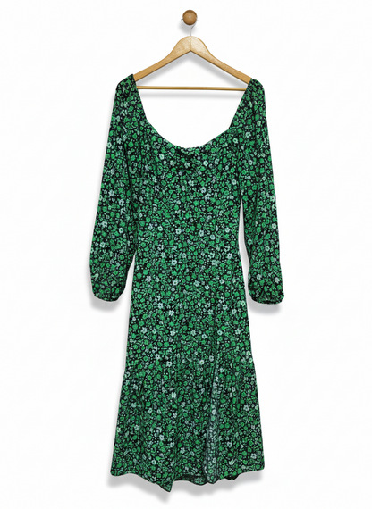 NEW LOOK |L| BUST 17|C3| WOMEN’S LONG SLEEVE MIDI DRESS - VIBRANT GREEN DITSY FLORAL PRINT