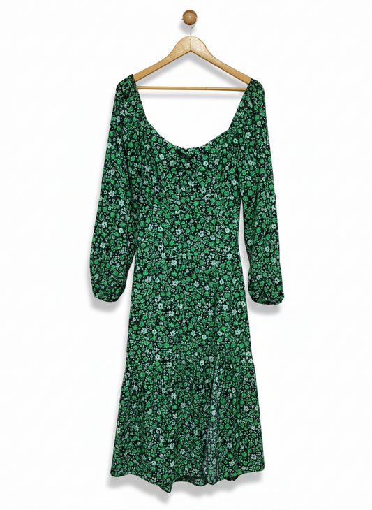 NEW LOOK |L| BUST 17|C3| WOMEN’S LONG SLEEVE MIDI DRESS - VIBRANT GREEN DITSY FLORAL PRINT