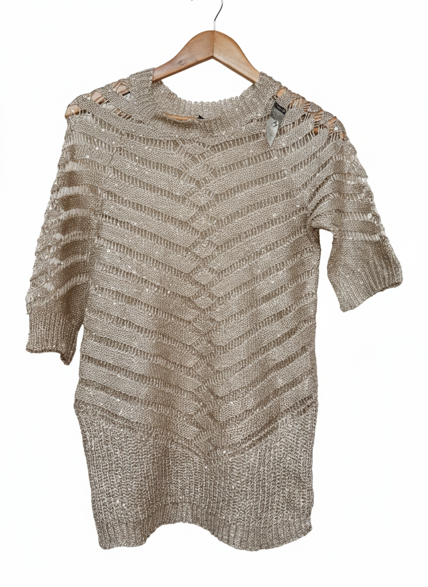 Lauren Michelle Tan / Beige Sheer Knit Sequins Sweater W-16 / L-28
