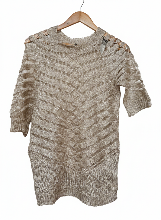 Lauren Michelle Tan / Beige Sheer Knit Sequins Sweater W-16 / L-28