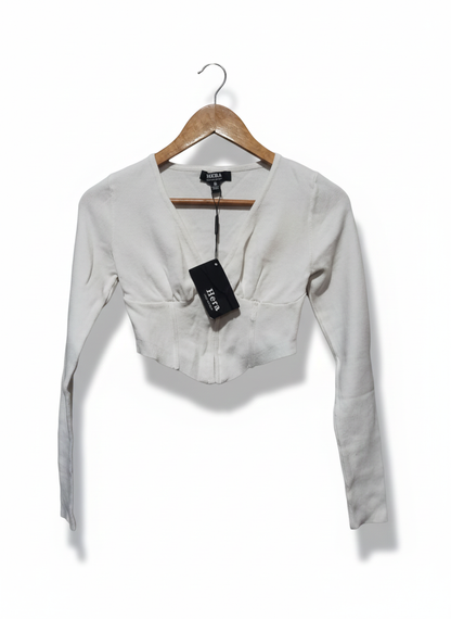 HERA|S|BUST 12.5|White Ribbed Deep V-Neck Crop Top