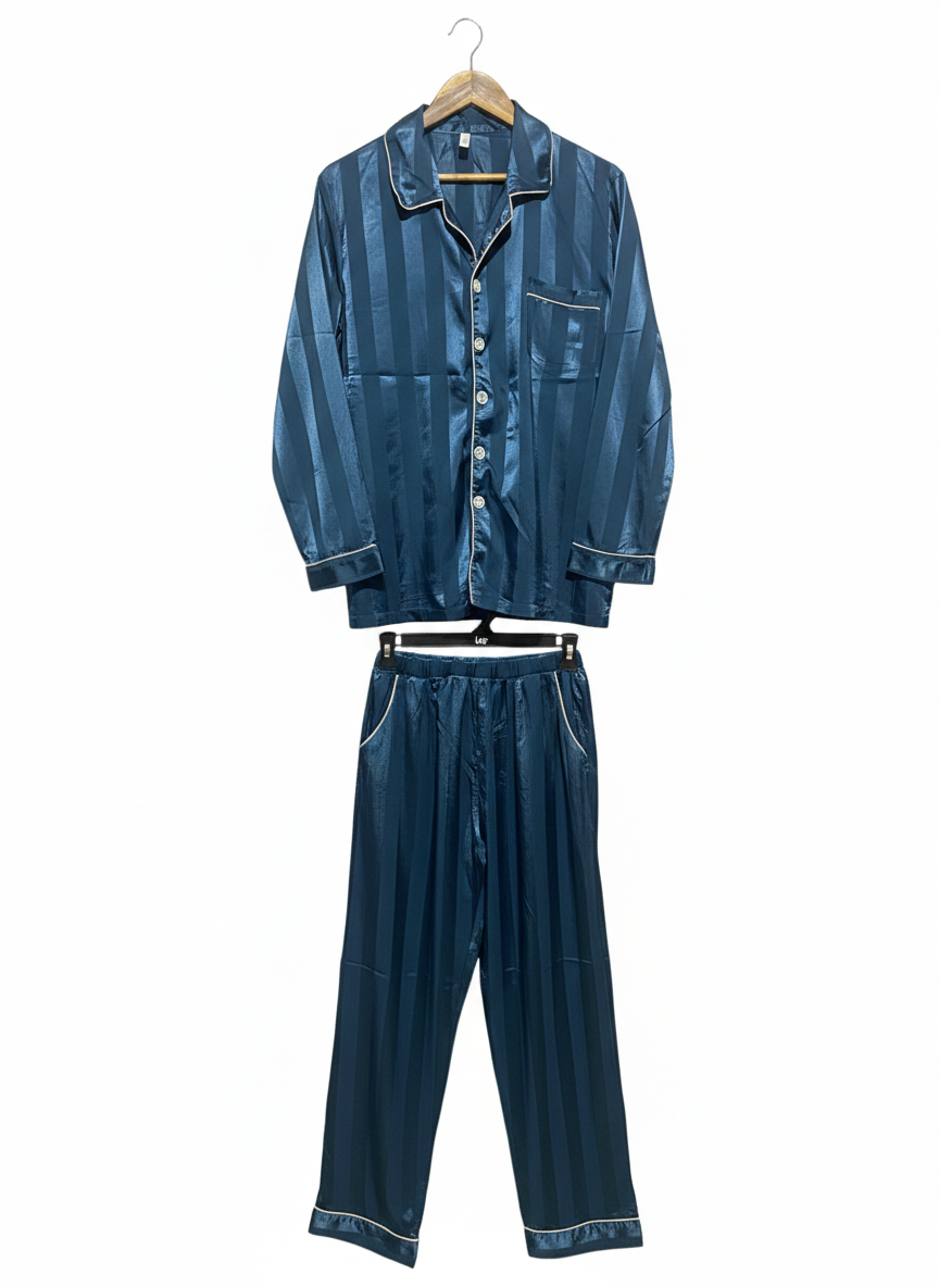 ELEGANT TWO-PIECE SLEEPWEAR WITH BUTTON-UP SHIRT AND MATCHING ELASTIC WAIST PANTS |L|