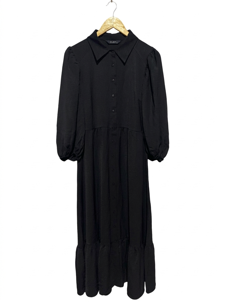 DUSK |M| BUST 19| B10| BLACK BUTTON-DOWN PUFF SLEEVE MAXI DRESS