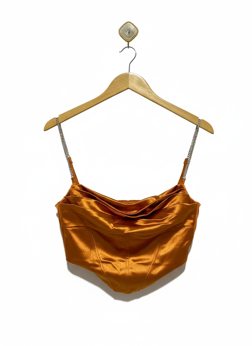 ORANGE SATIN RHINESTONE STRAP CORSET TOP |S| BUST 15|