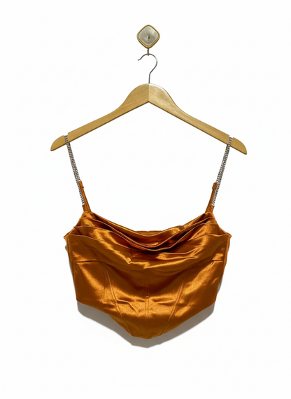 ORANGE SATIN RHINESTONE STRAP CORSET TOP |S| BUST 15|