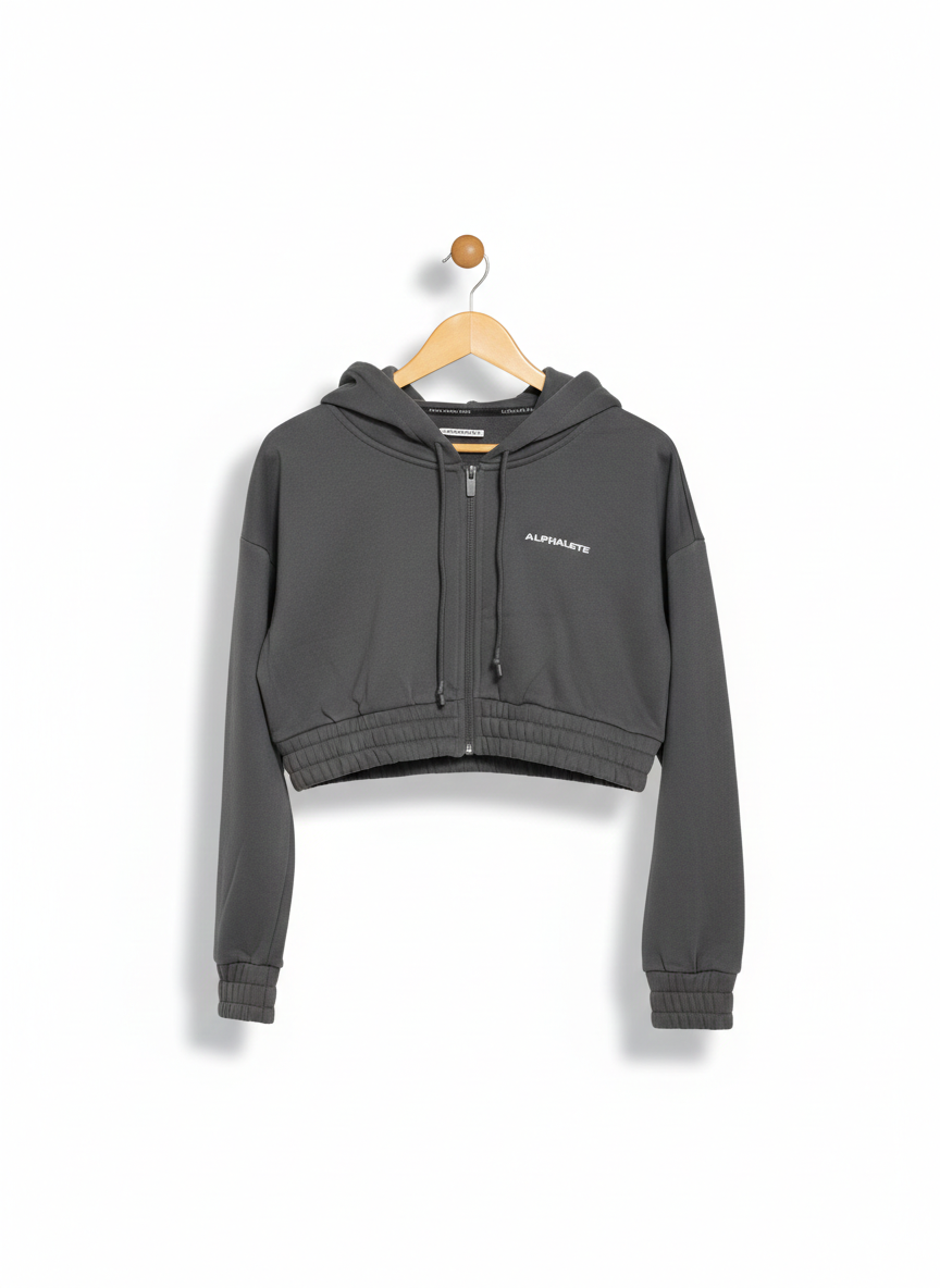 ALPHALETE |XS| BUST 20| CHARCOAL CROP ZIP HOODIE