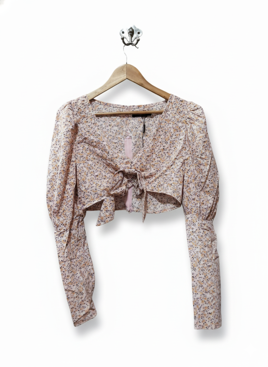 PRETTY LITTLE THING Polly Pink Floral V Neck Tie Front Long Sleeve