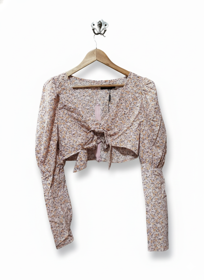 PRETTY LITTLE THING Polly Pink Floral V Neck Tie Front Long Sleeve