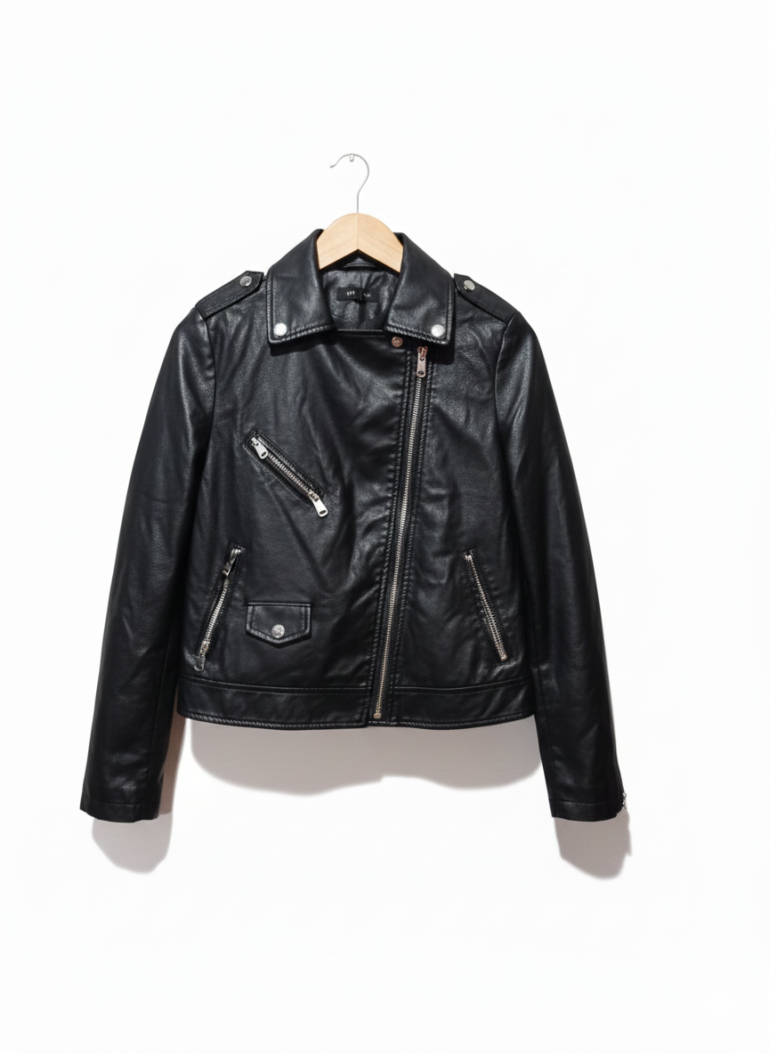 NEW LOOK|XS/S|BUST 18|BLACK FAUX LEATHER BIKER JACKET