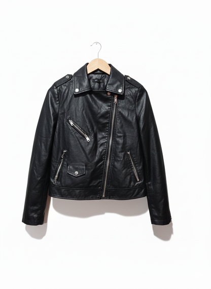 NEW LOOK|XS/S|BUST 18|BLACK FAUX LEATHER BIKER JACKET