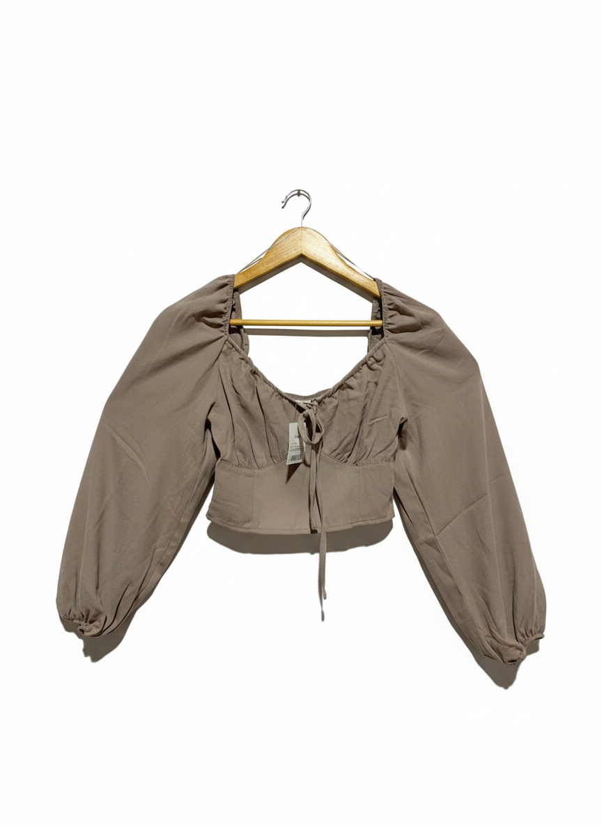 ANKO|S|BUST 13|TAUPE PUFF SLEEVE DRAWSTRING FRONT CROP TOP