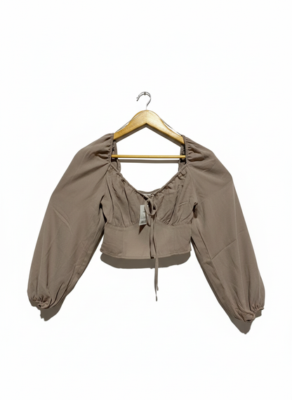 ANKO|S|BUST 13|TAUPE PUFF SLEEVE DRAWSTRING FRONT CROP TOP