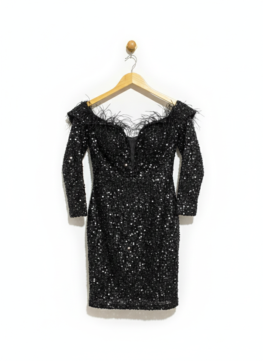 MIDNIGHT SEQUIN OFF-THE-SHOULDER COCKTAIL DRESS |S| BUST 16|