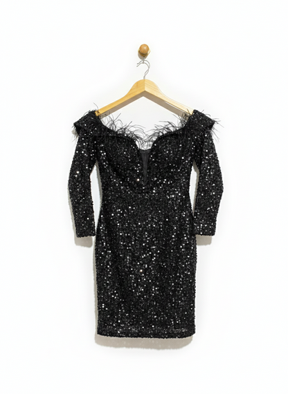 MIDNIGHT SEQUIN OFF-THE-SHOULDER COCKTAIL DRESS |S| BUST 16|