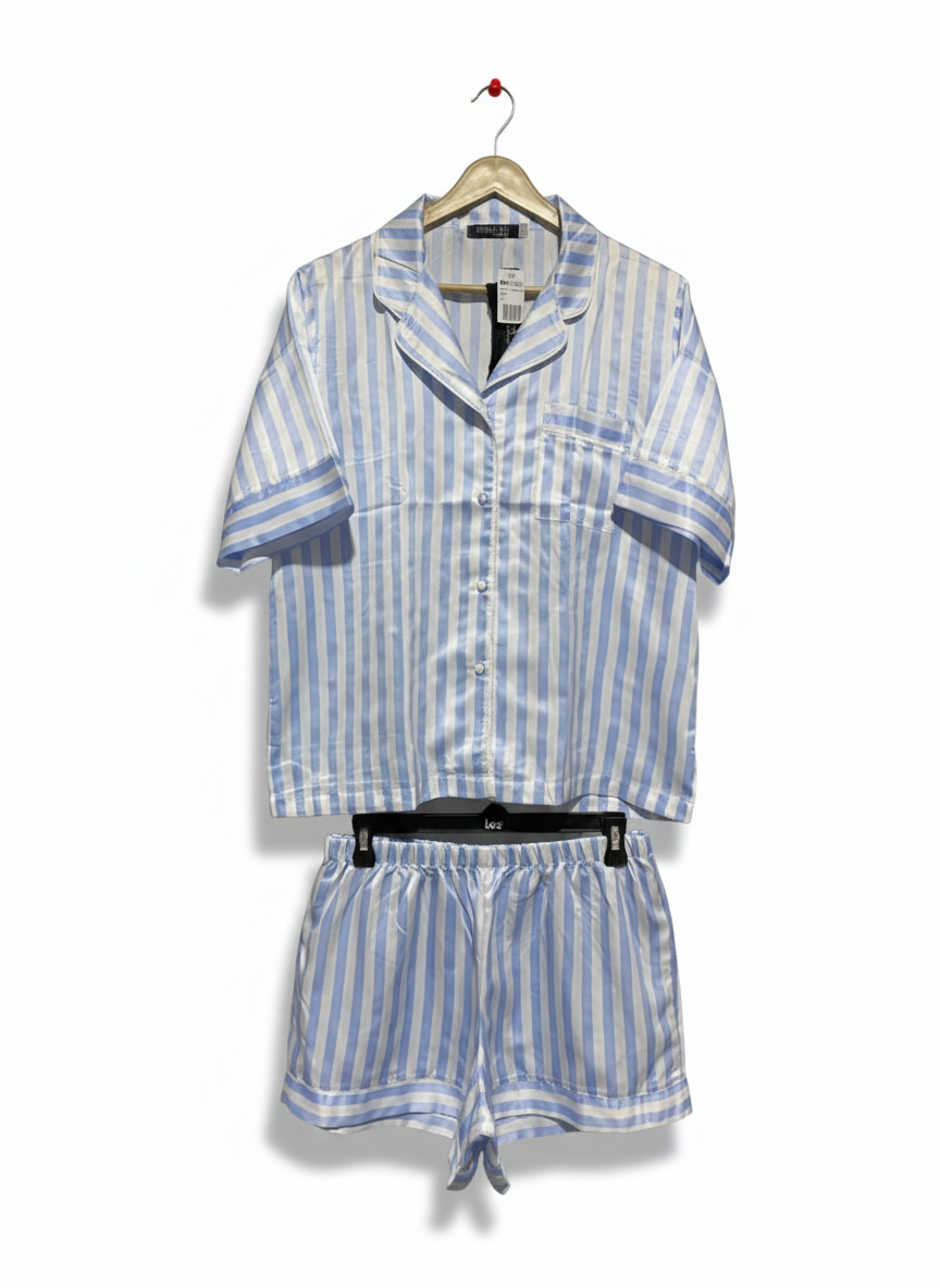 WOMAN |L| BLUE STRIPE SATIN PYJAMA SET - SHORT SLEEVE