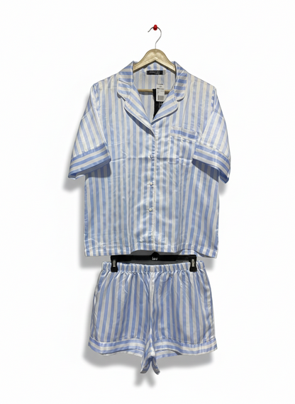 WOMAN |L| BLUE STRIPE SATIN PYJAMA SET - SHORT SLEEVE