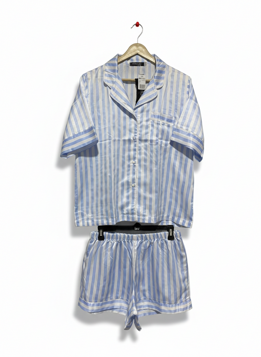 WOMAN |L| BLUE STRIPE SATIN PYJAMA SET - SHORT SLEEVE