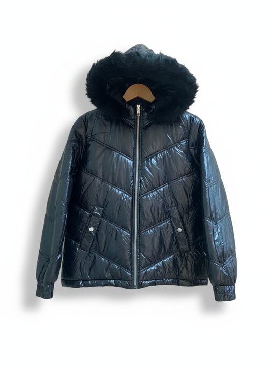 LIPSY|L|BUST 20|BLACK HIGH-SHINE PADDED COAT WITH FAUX FUR HOOD