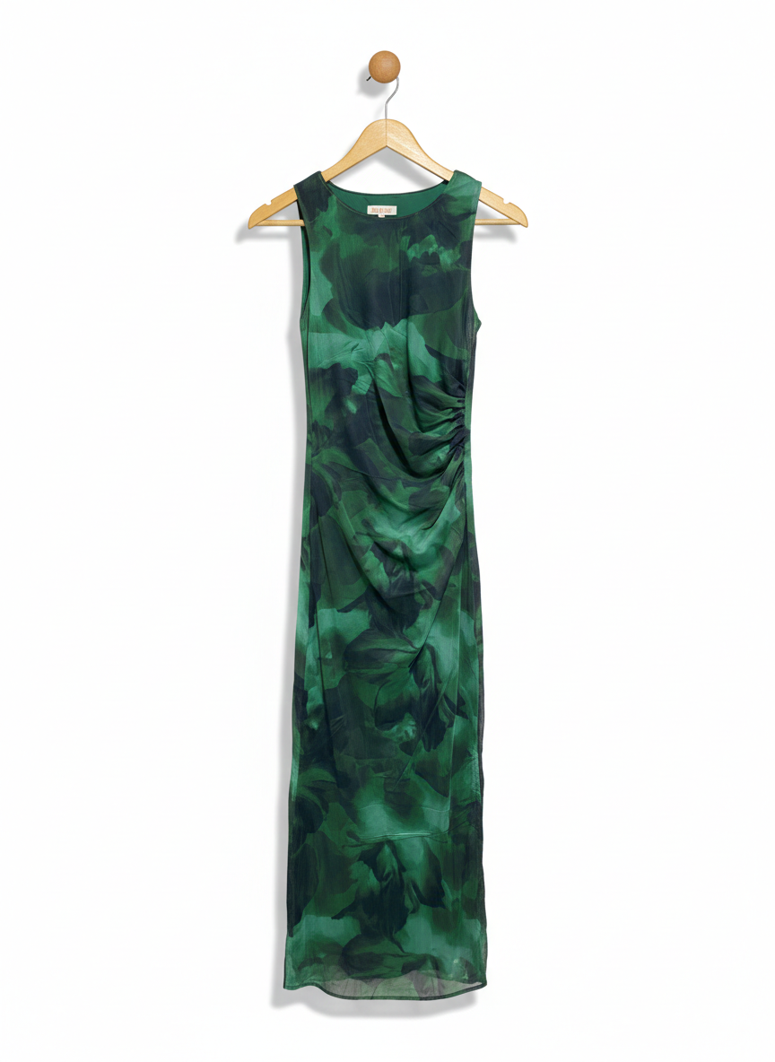 RUMOS |S| BUST 17| WOMEN’S SLEEVELESS BODYCON MIDI DRESS - VIBRANT EMERALD GREEN ABSTRACT FLORAL PRINT