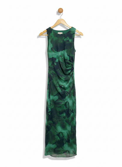 RUMOS |S| BUST 17| WOMEN’S SLEEVELESS BODYCON MIDI DRESS - VIBRANT EMERALD GREEN ABSTRACT FLORAL PRINT