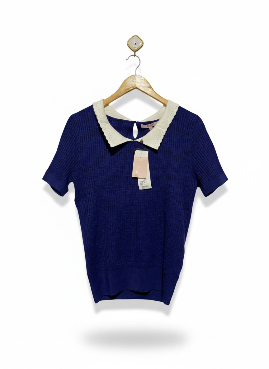 REVIEW |M| BUST 17| Blue Ribbed Knit Top With a White Scalloped Peter Pan Collar