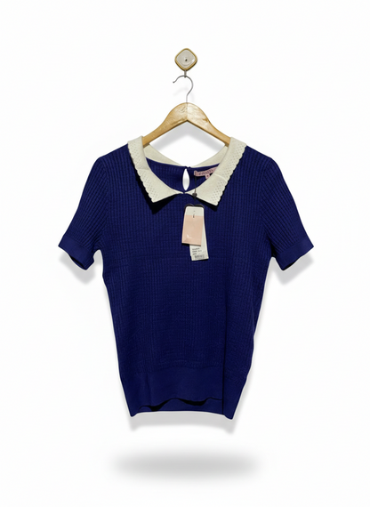 REVIEW |M| BUST 17| Blue Ribbed Knit Top With a White Scalloped Peter Pan Collar