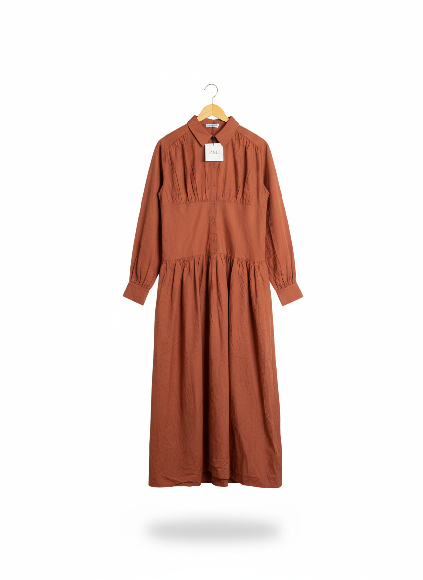 ATMOS & HERE |M| BUST 15|C4| RUSTIC COTTON MIDI DRESS IN TERRACOTTA