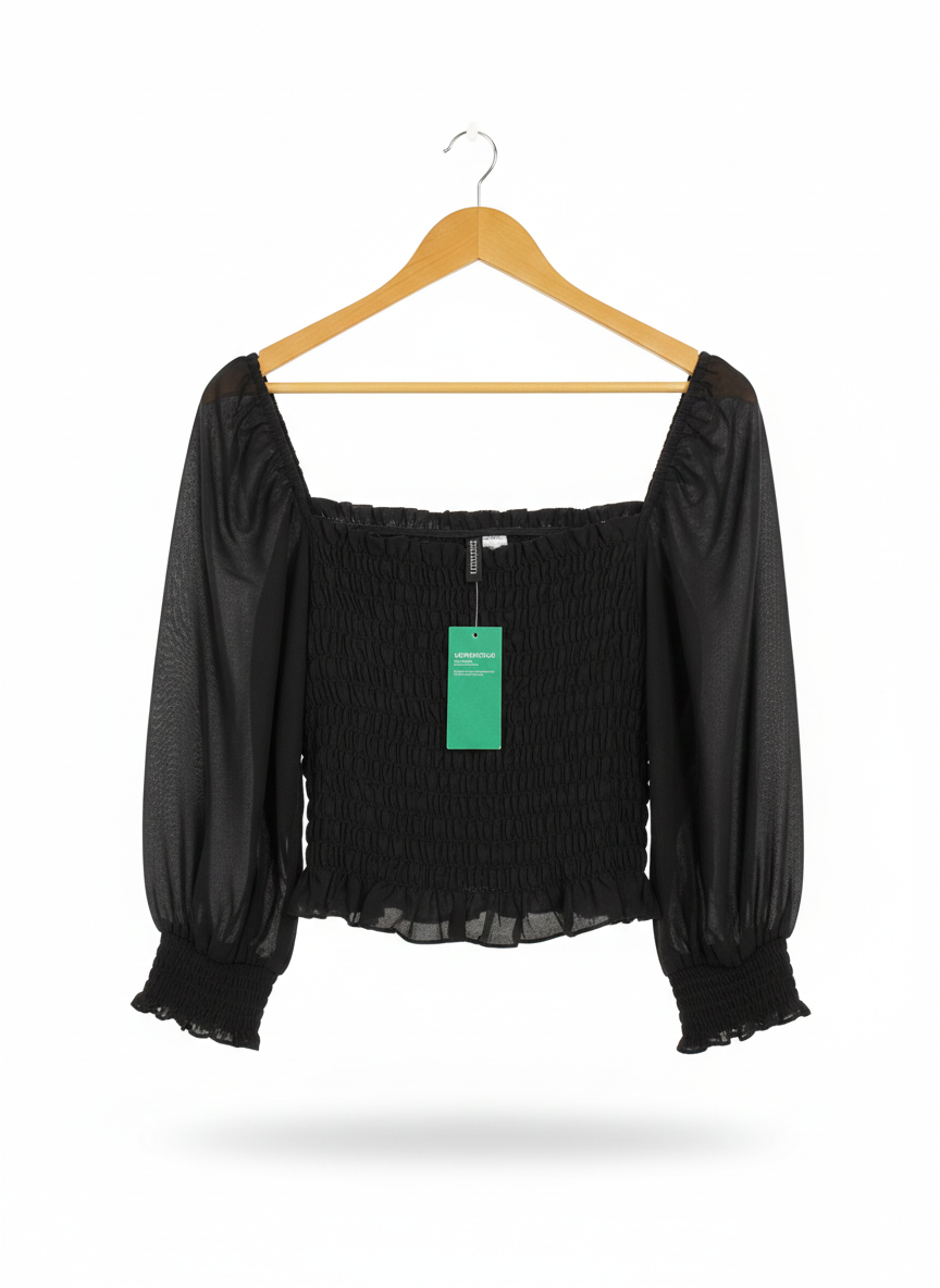 H&M DIVIDED|S|BUST 16|BLACK SMOCKED SQUARE-NECK PUFF-SLEEVE TOP