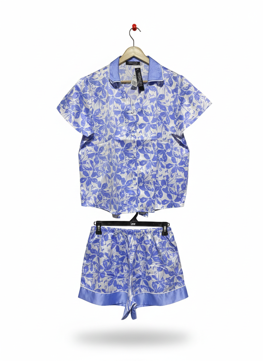WOMAN |L| BLUE FLORAL SATIN PYJAMA SHORTS SET