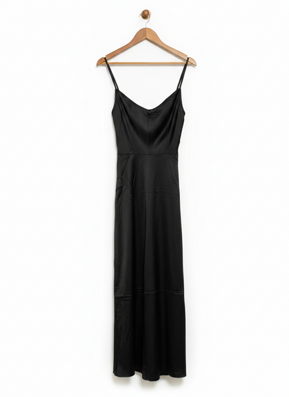 |M| BUST 15| WOMEN’S ELEGANT BLACK SATIN CAMI MAXI DRESS - SLEEK V-NECK SLIP DRESS WITH SPAGHETTI STRAPS |M| BUST 15|