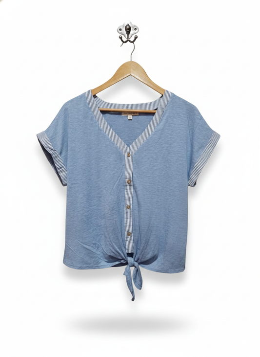 PARALLEL SKIES|L|BUST 20|Blue Striped Button Down Top with Tie