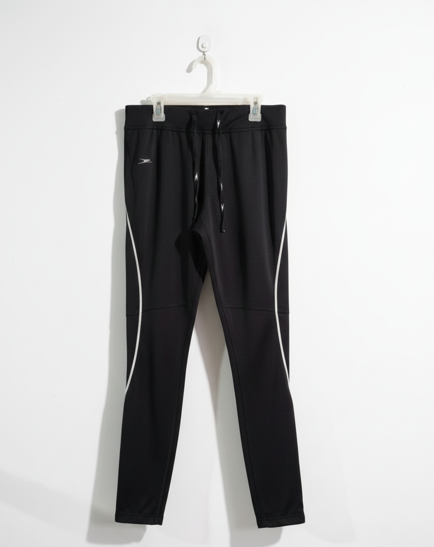 CRANE|M|WAIST 28| BLACK TRACK PANTS WITH WHITE PIPING AND LOGO