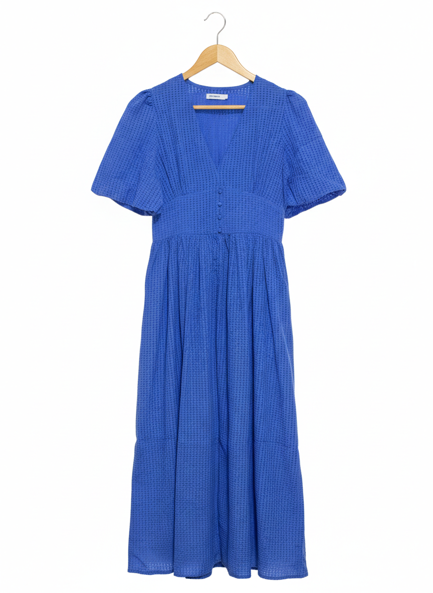 VALLEY |M| BUST 17|B10| COBALT BLUE TEXTURED SEERSUCKER MAXI DRESS WITH BUTTON FRONT