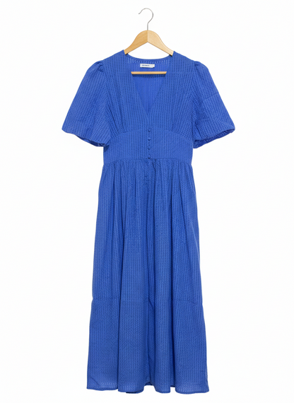 VALLEY |M| BUST 17|B10| COBALT BLUE TEXTURED SEERSUCKER MAXI DRESS WITH BUTTON FRONT