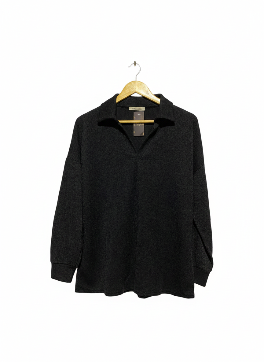 NEW COLLECTION|XL|BUST 23|Black Long-Sleeve Textured Polo Shirt